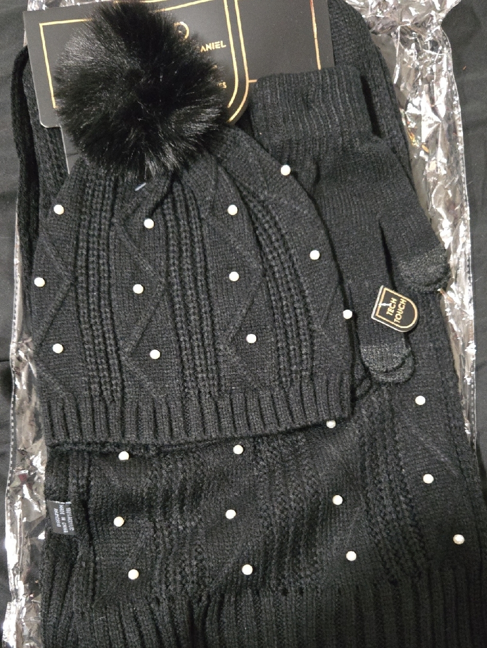 Black Knit Hat, Scarf & Glove Set with Faux Fur Pom and Pearl Accents